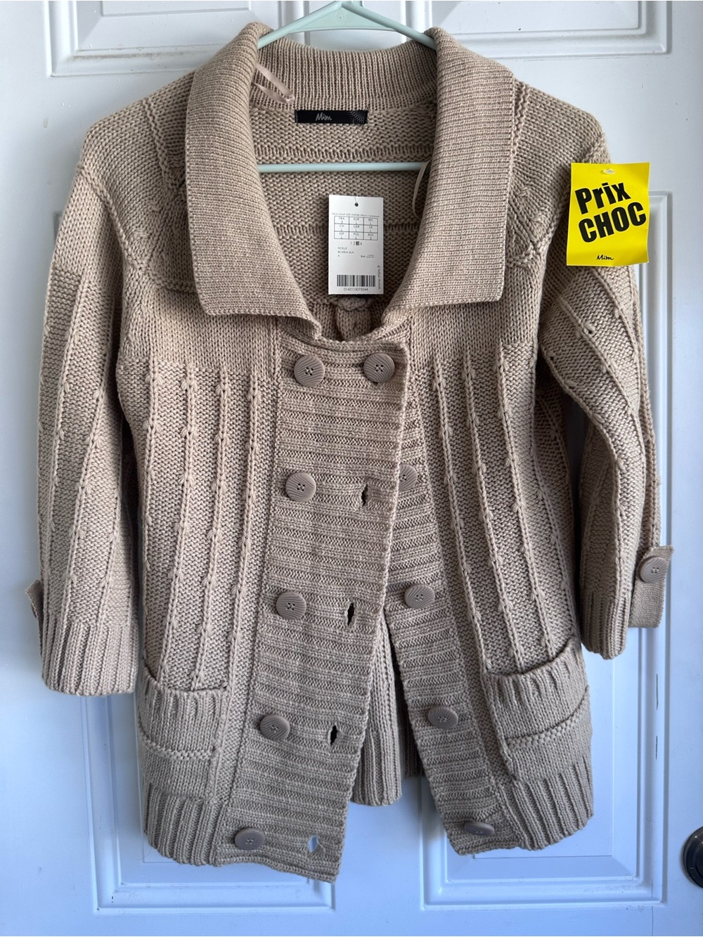 Min Taupe Button-Front Shawl Collar Knit Cardigan
